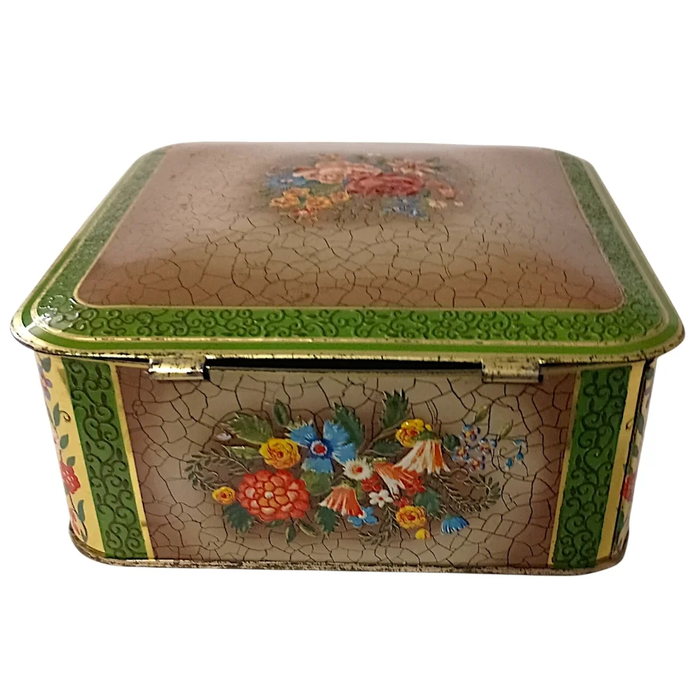 Vintage Tin Container Green Floral Hinged Square Made In Holland Victorian Style